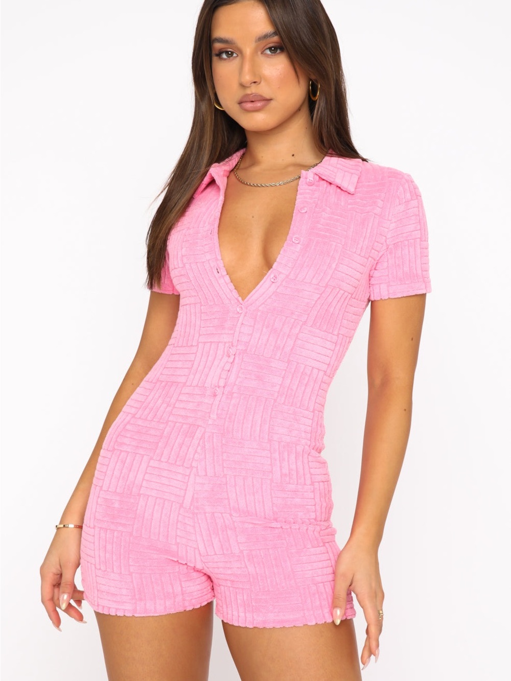 White Fox Boutique walk my way terry jumpsuit Pink Textured Short Sleeve Romper